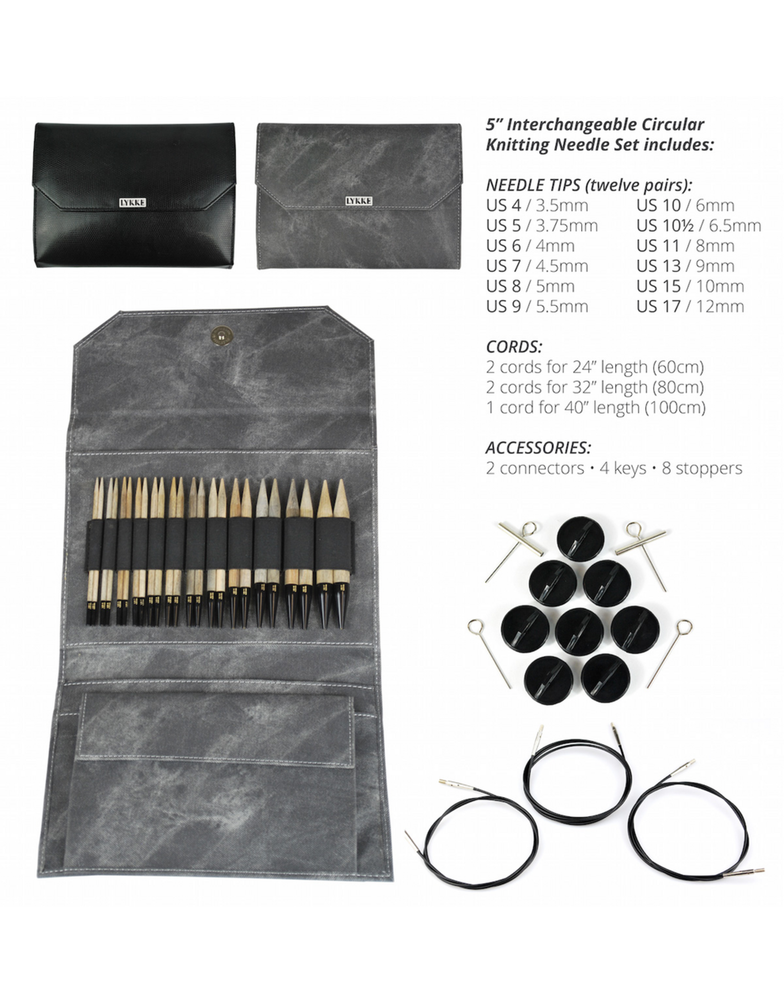 Lykke Lykke Driftwood 5-inch Interchangeable Circular Needle Set, Grey Denim Effect Case