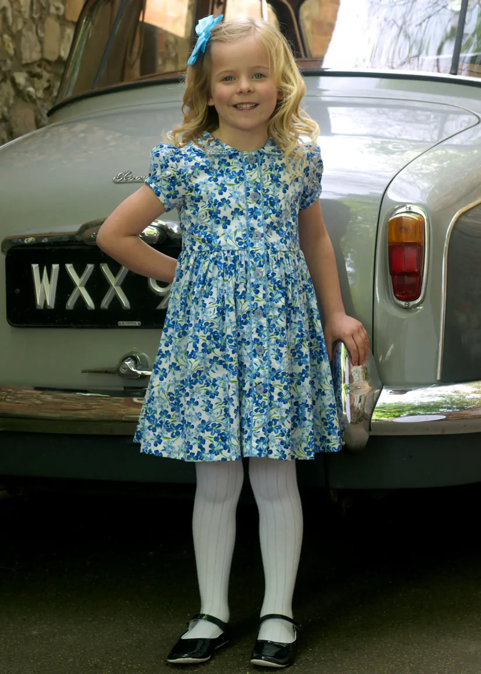 BLUE PERIWINKLE FLORAL BUTTON DRESS & BLOOMERS