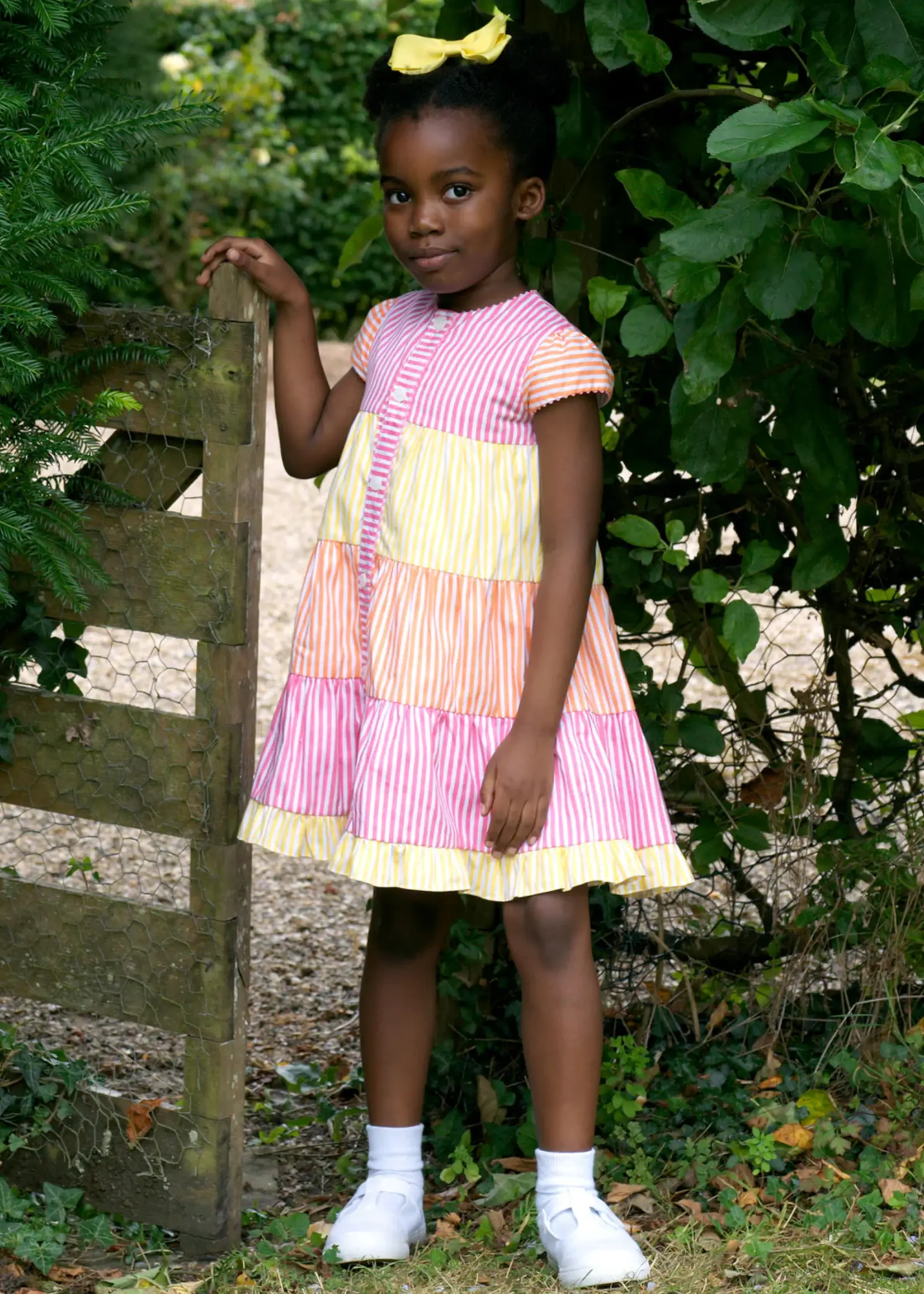 MULTI STRIPED TIER BUTTON DRESS