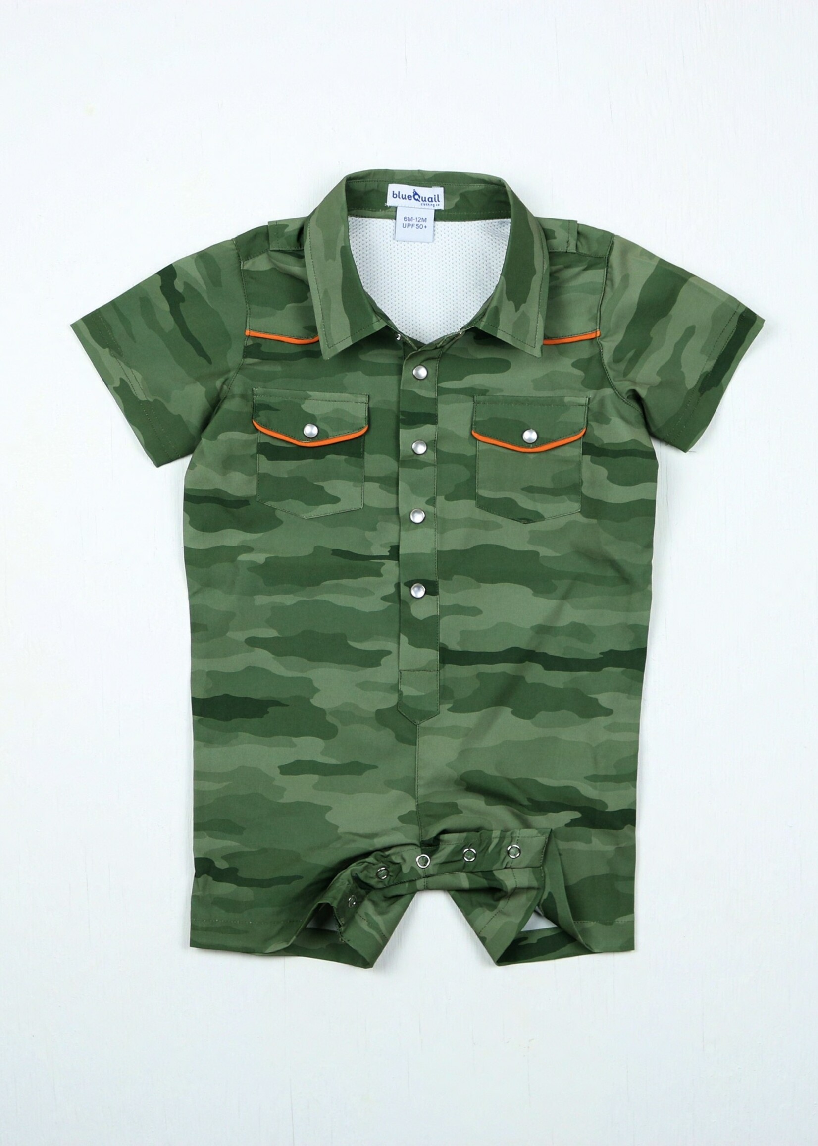 CLASSIC CAMO GREEN PEARL SNAP ROMPER