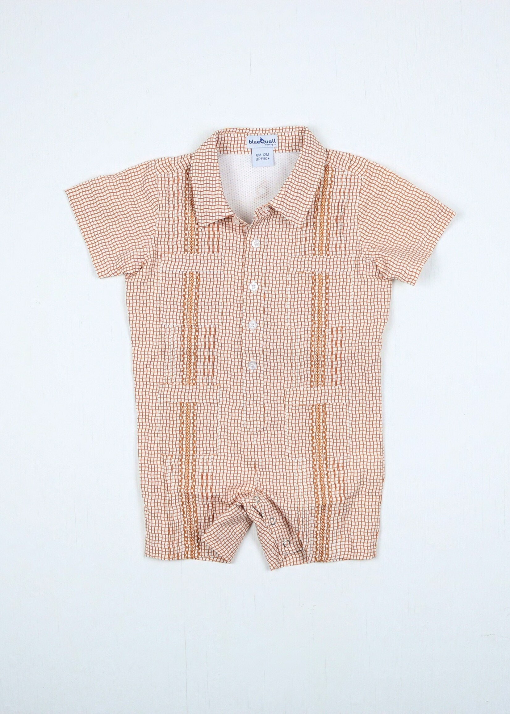 WAVY BURNT ORANGE GUAYABERA ROMPER