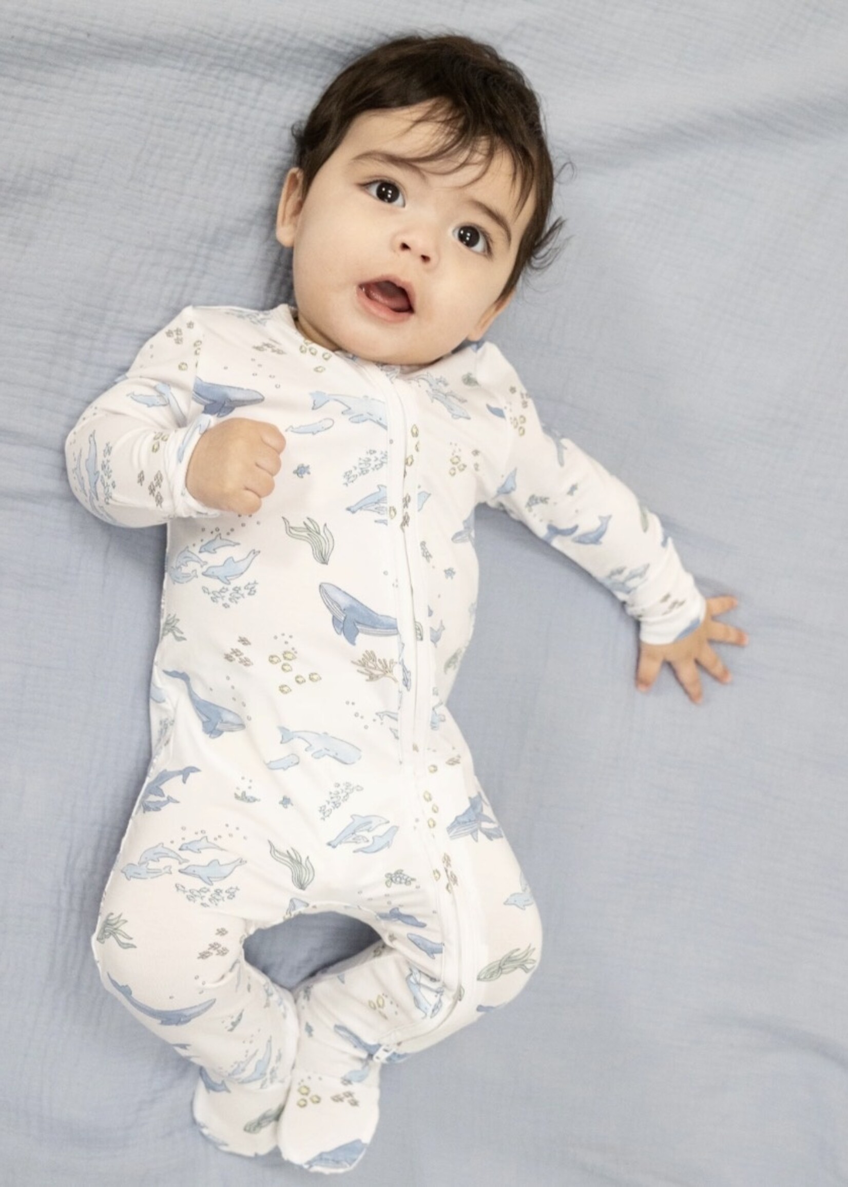 WATERCOLOR BLUE WHALES 2 WAY ZIPPER FOOTIE