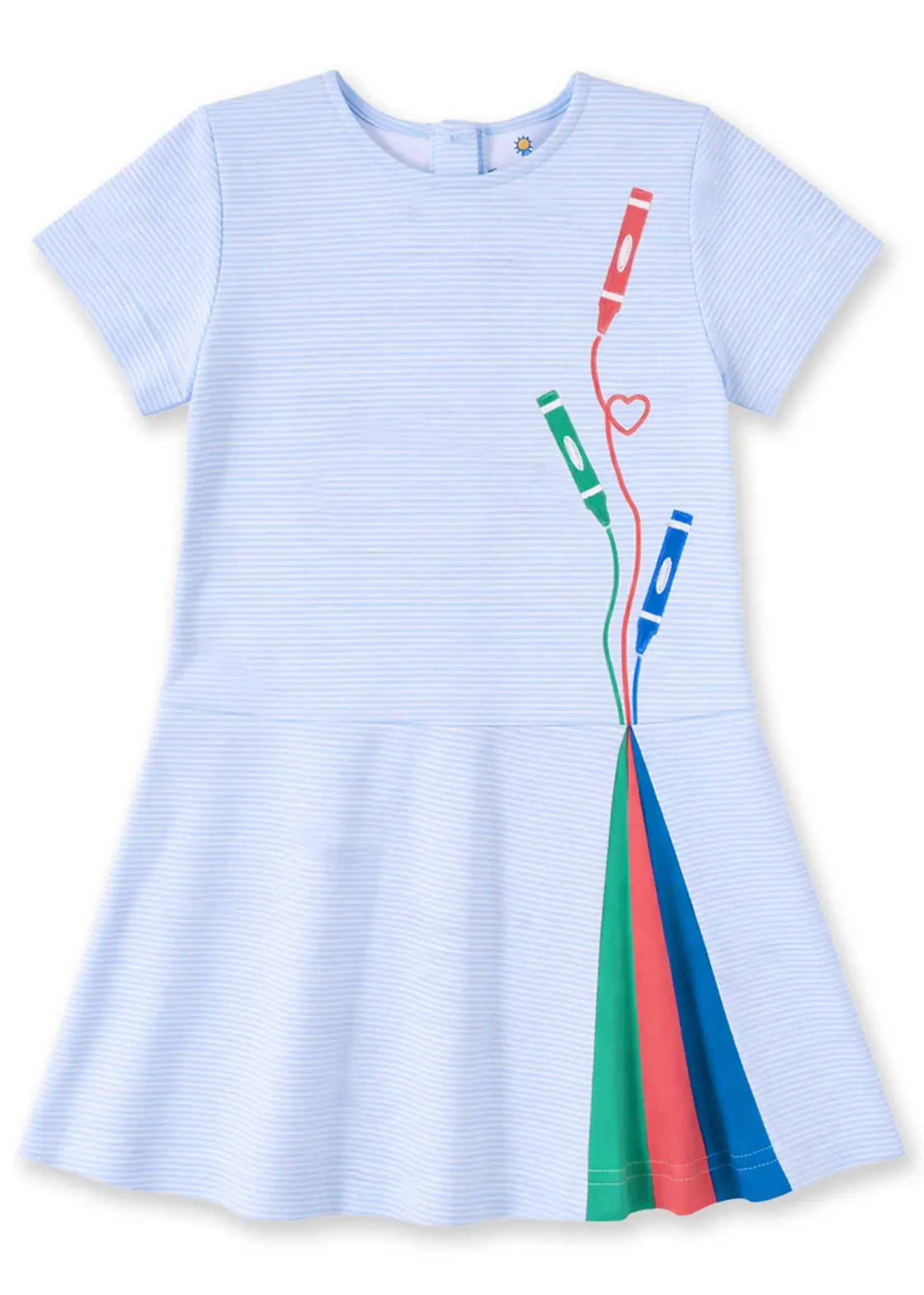 STRIPE KNIT DRESS WITH APPLIQUE CRAYONS