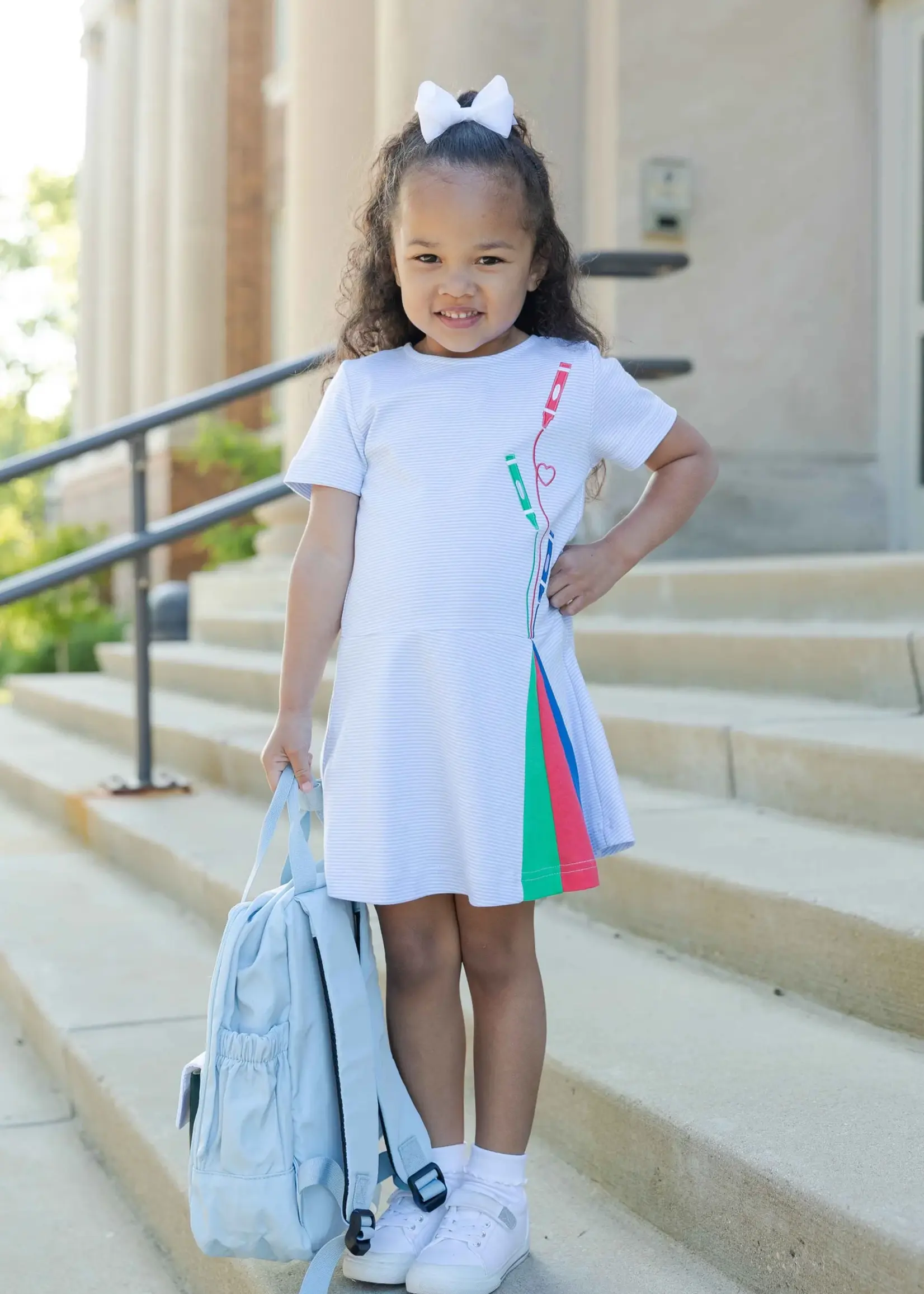 STRIPE KNIT DRESS WITH APPLIQUE CRAYONS