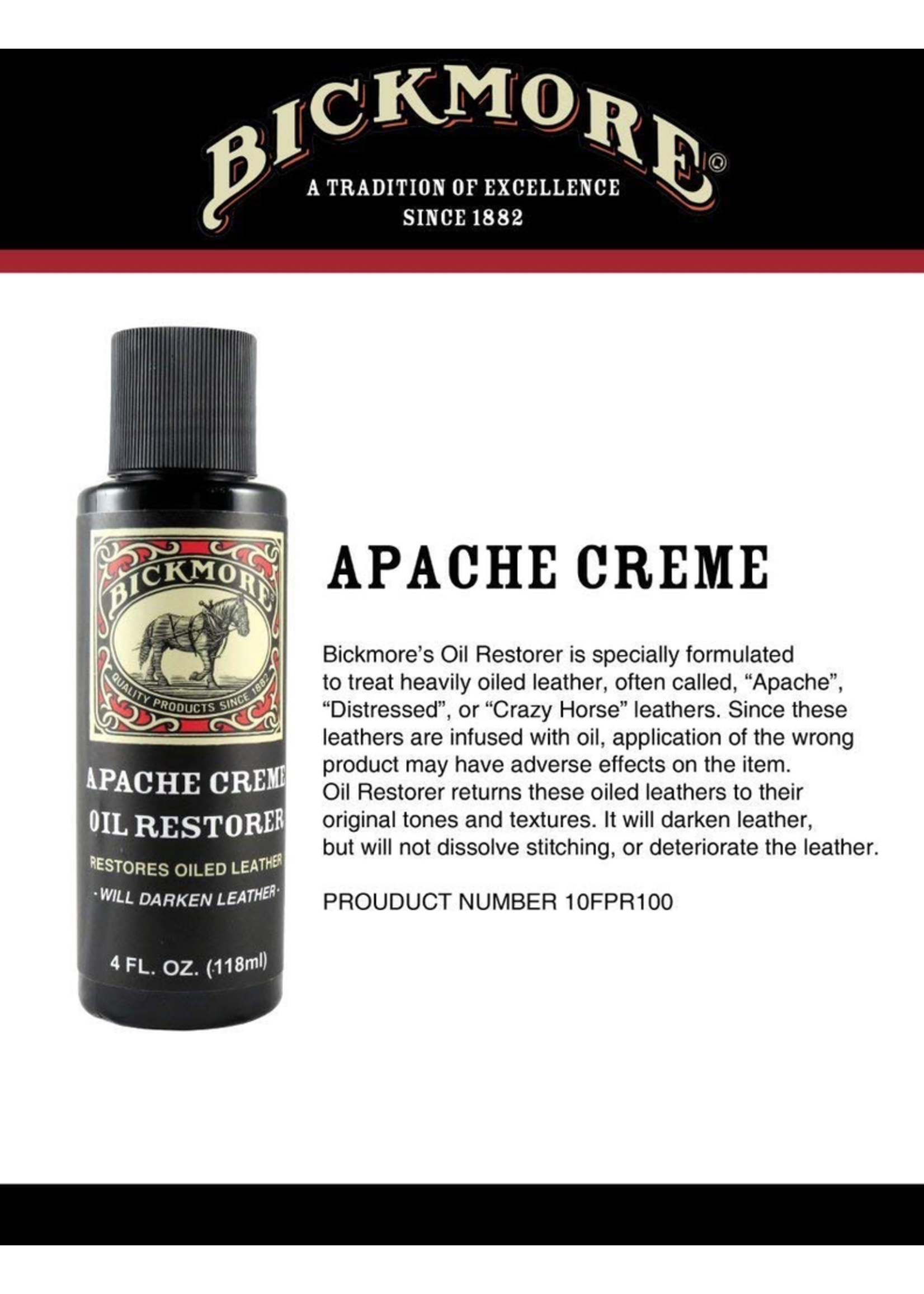 BICKMORE Apache Cream  Oil Restorer 4 oz