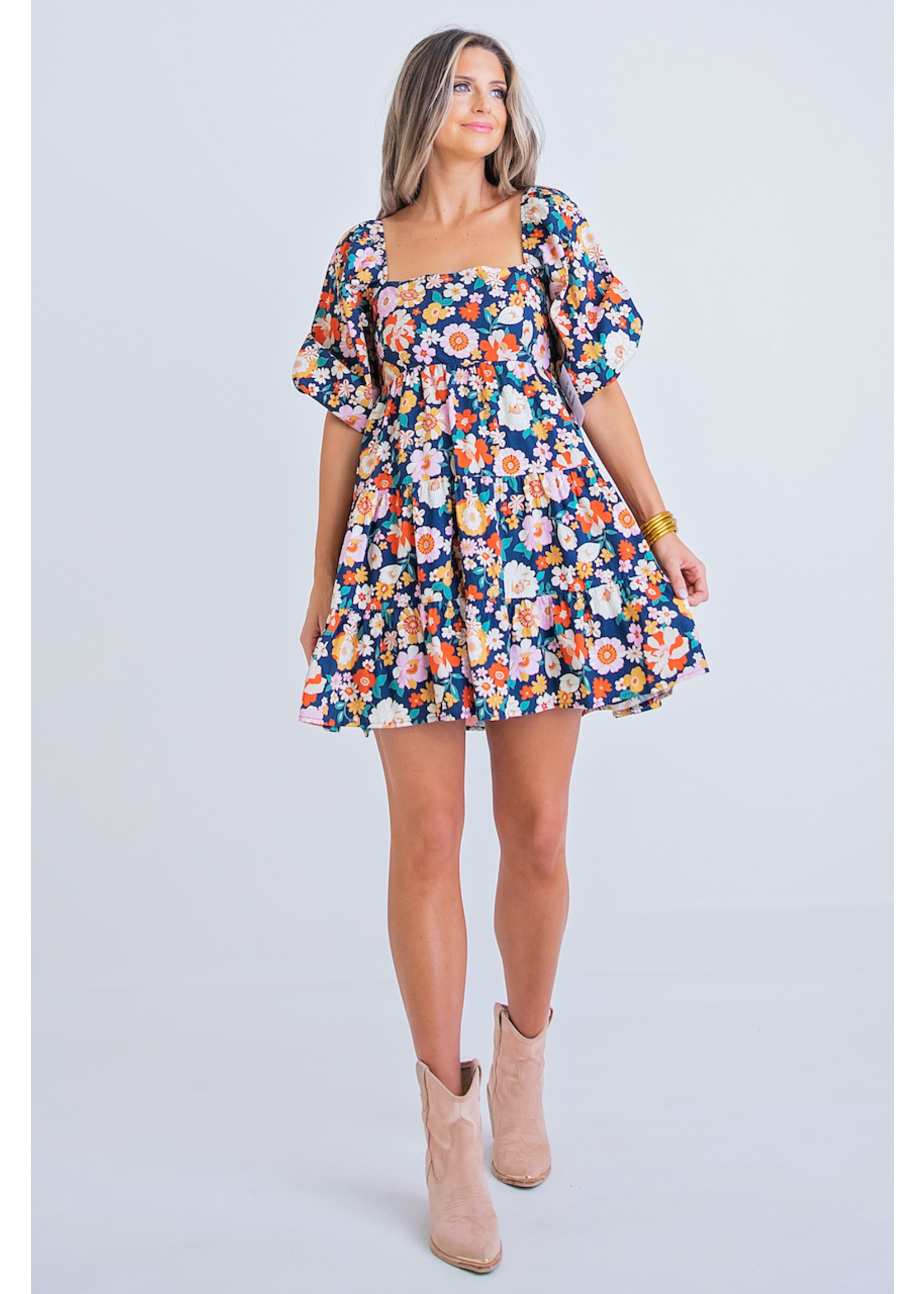 Karlie Karlie London Floral Puff Sleeve Smock Knot Back Baby Doll Dress