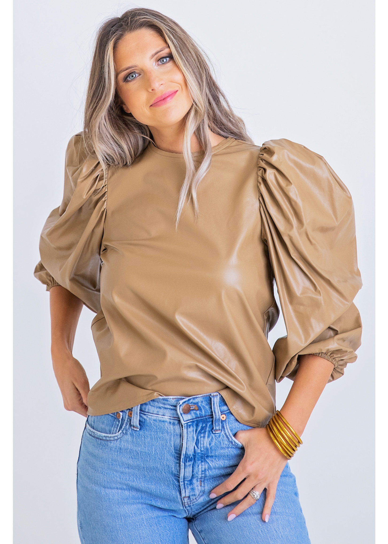 Karlie Karlie Solid Pleather Puff Sleeve Top