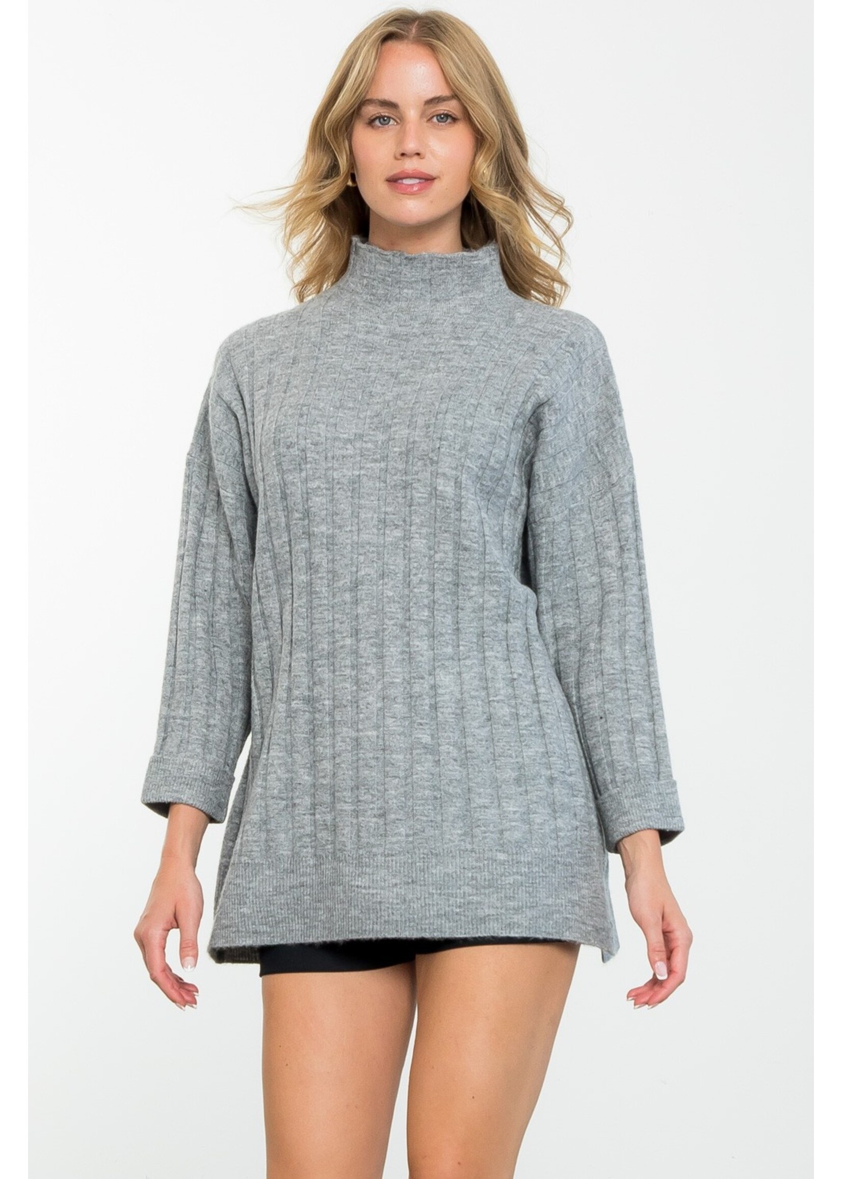 Grey Roll Neck Rib Knitted Jumper Dress