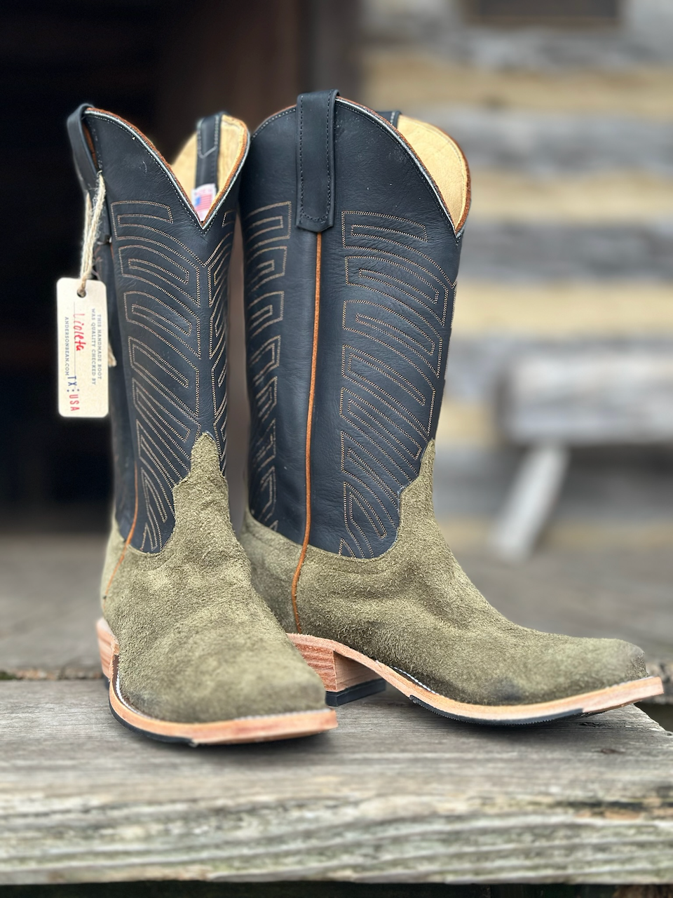 Bottes Cowboy Anderson Bean, Cuir Noir, Coutures Bleues, Taille 10 A NUC