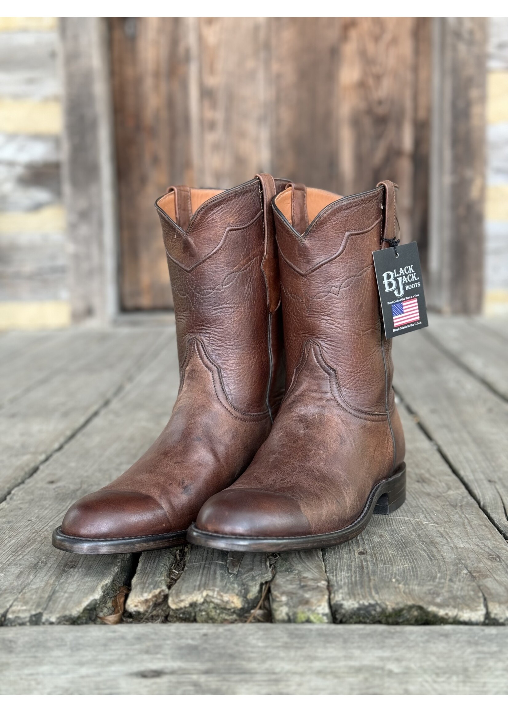 Black Jack Mens Ranch Hand Roper Boots Burnished Peanut Leather Hewlett Dunn