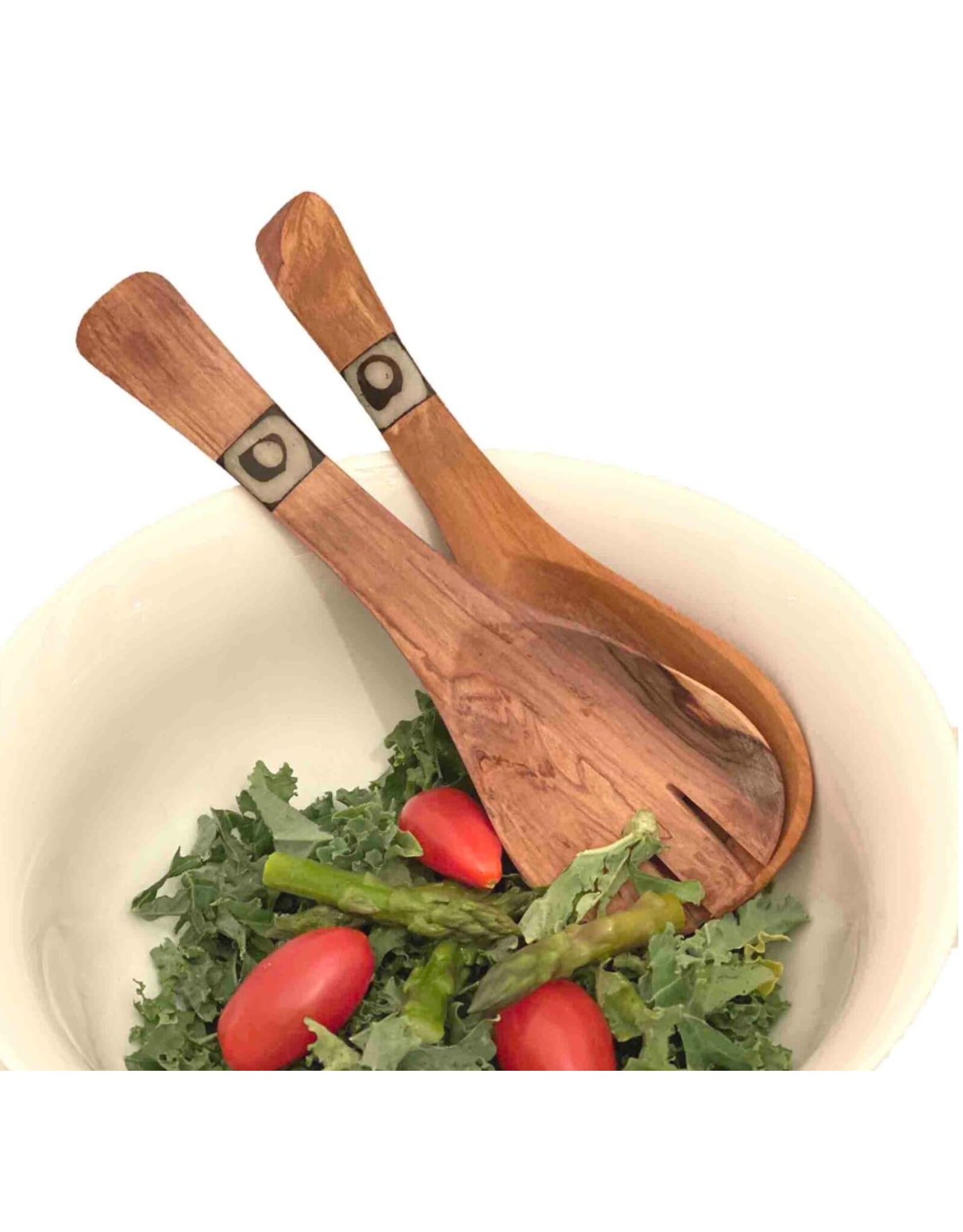 Olive Wood Serving Set with Batik Inlay Made in Kenya
