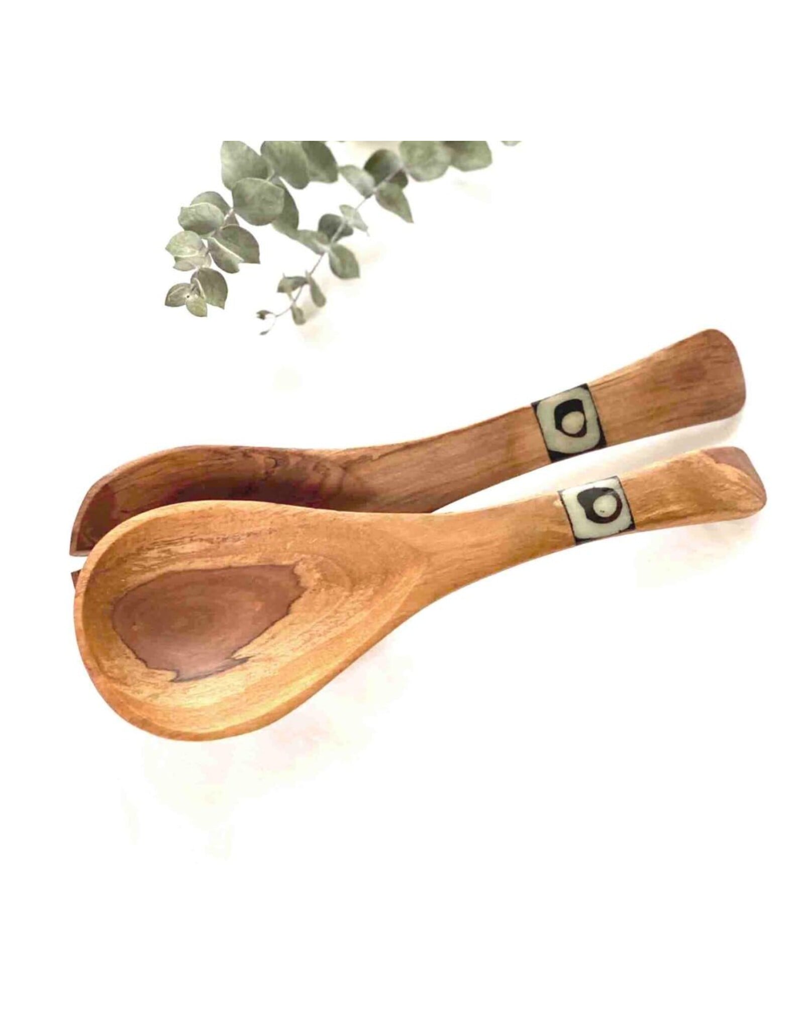 Olive Wood Serving Set with Batik Inlay Made in Kenya