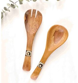 Olive Wood Serving Set with Batik Inlay Made in Kenya