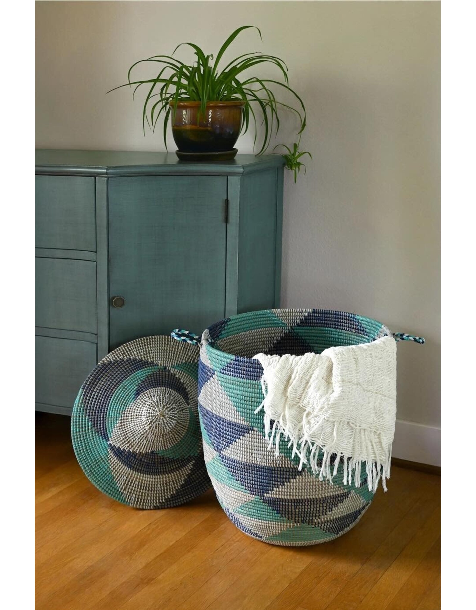 Large Blue & White Hamper Basket