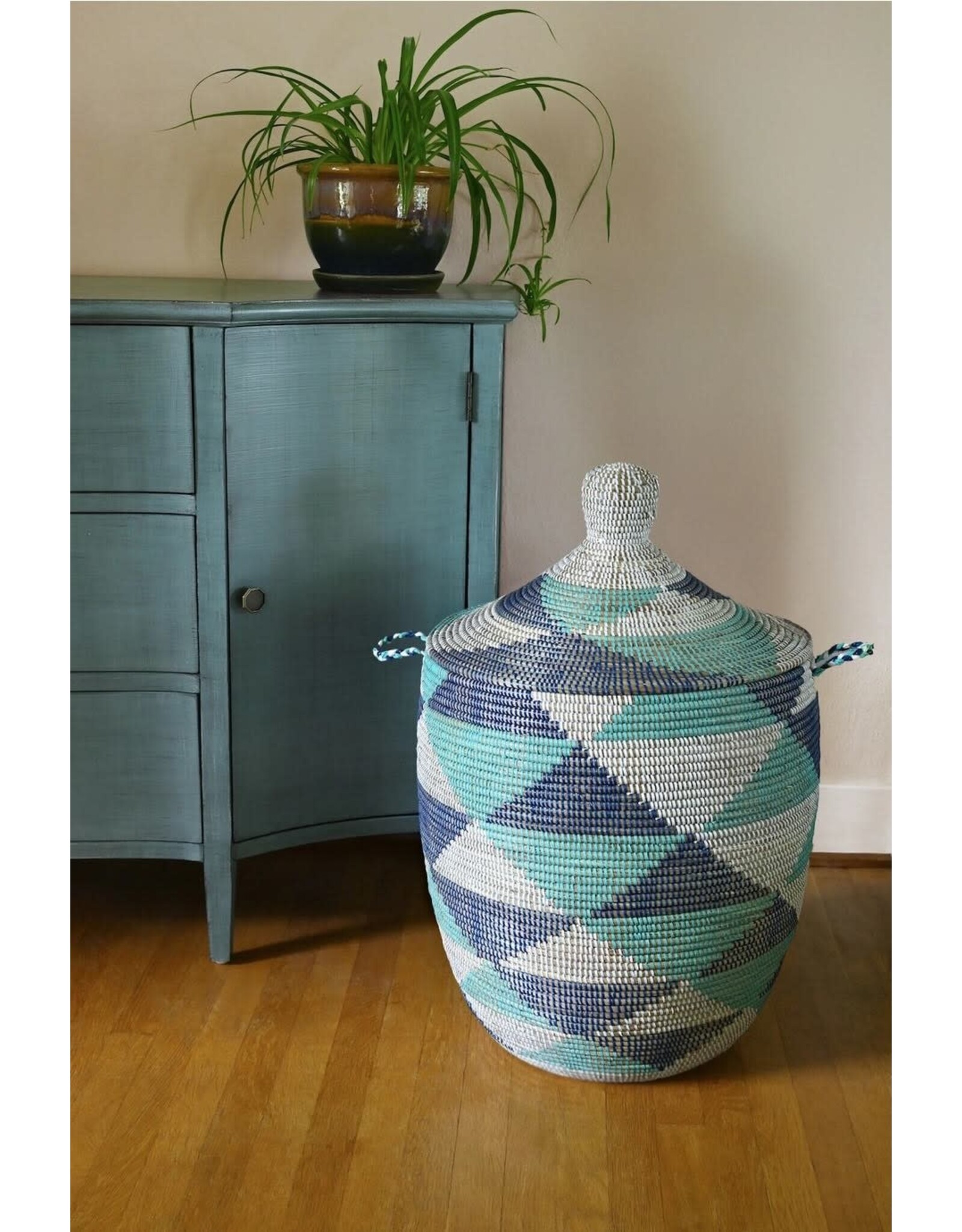 Large Blue & White Hamper Basket
