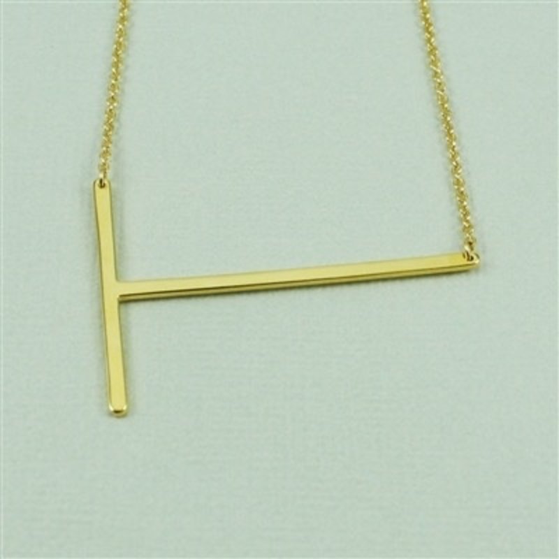 Gold Plated Large Sideways Initial Necklace - T