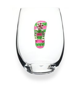 Pink & Green Flip Flop Jeweled Stemless Wine Glass