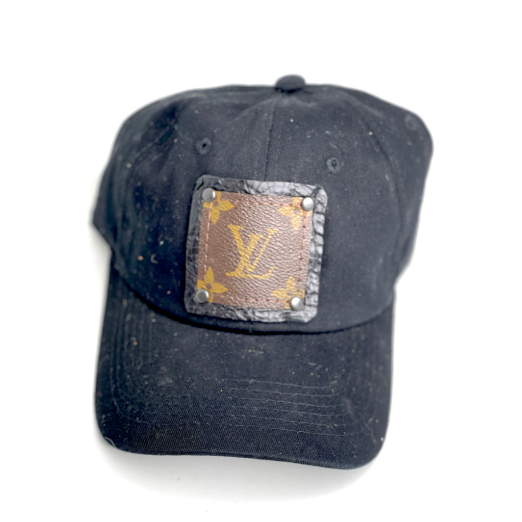 Black distressed hat with upcycled LV patch