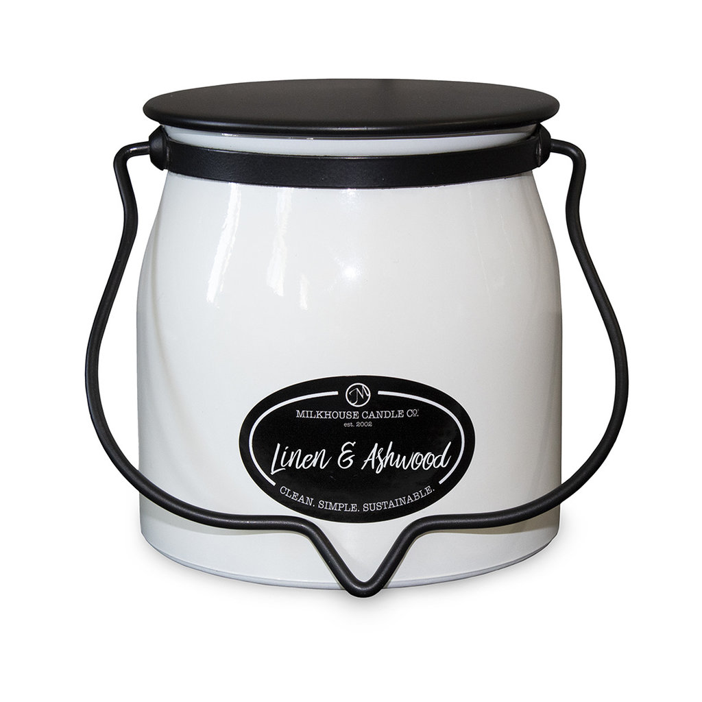Milkhouse Candle Creamery Butter Jar 16 oz:  Linen & Ashwood
