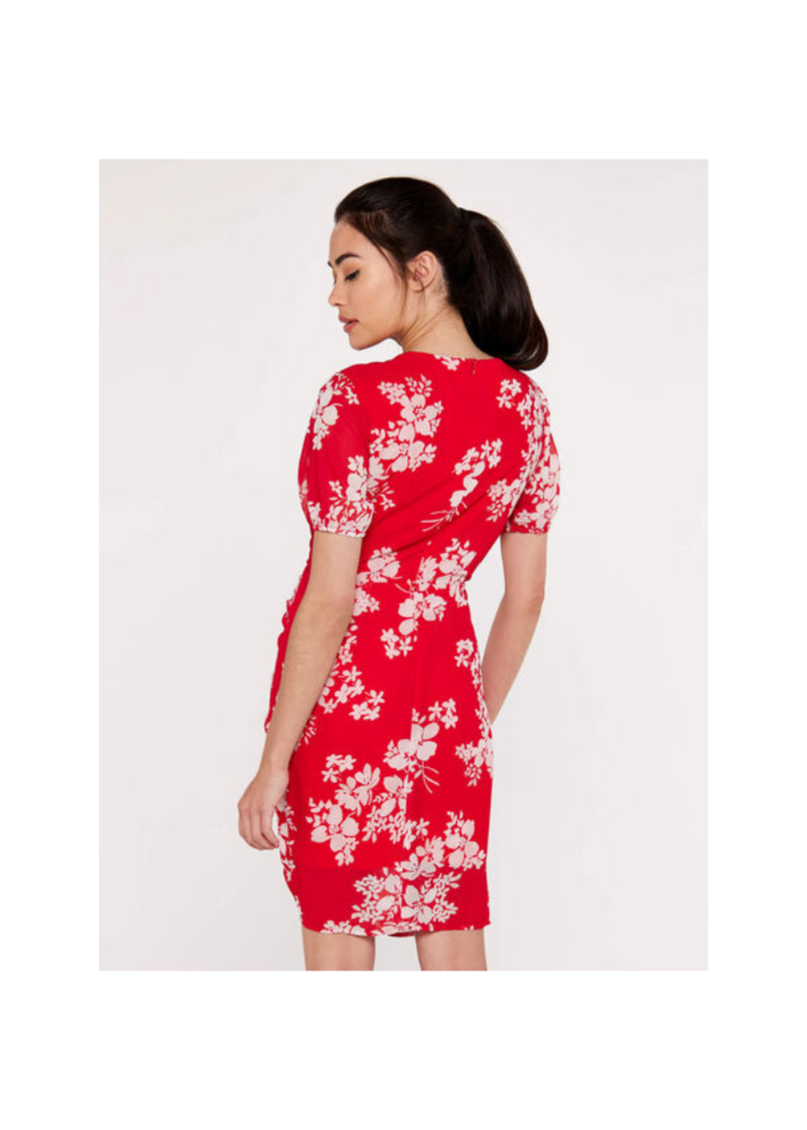 Apricot Red Floral Ruche Front Dress