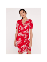 Apricot Red Floral Ruched Front Dress