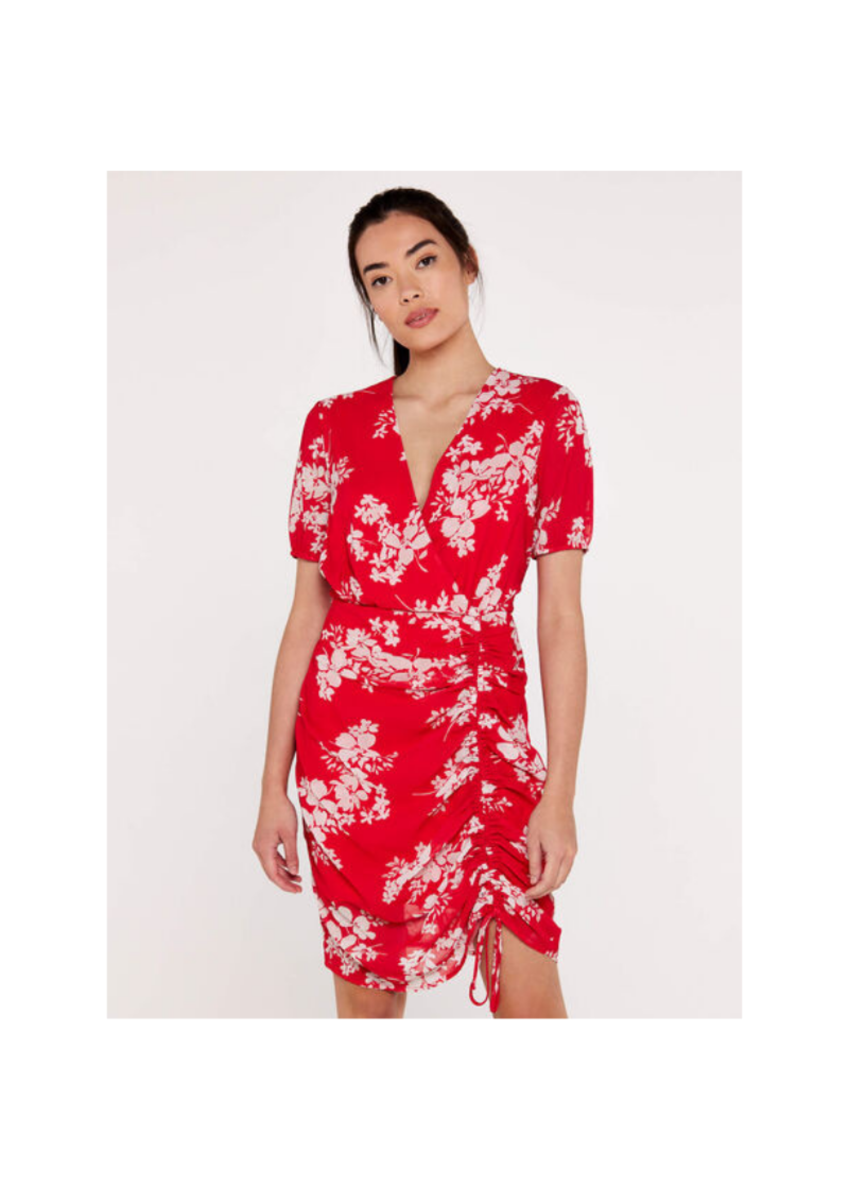 Apricot Red Floral Ruche Front Dress