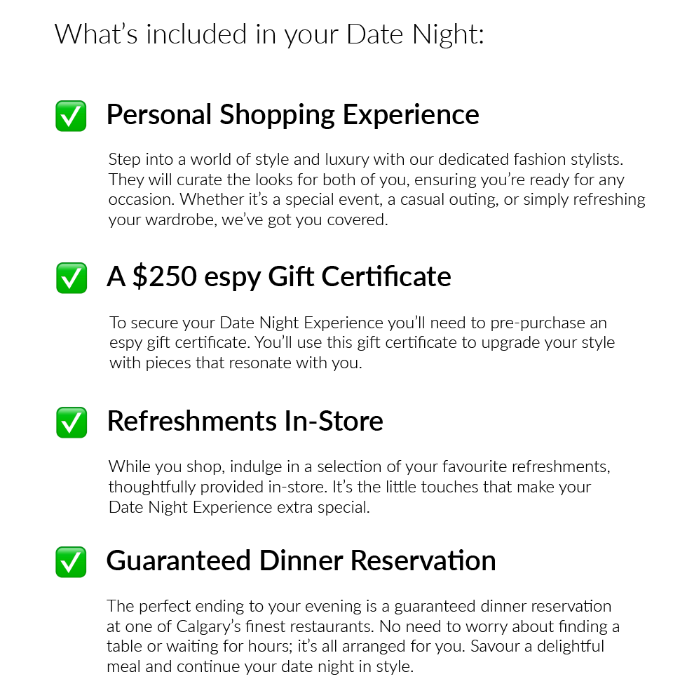 What's Included in your Date Night Experience