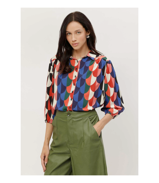 Lezalez 3/4 Sleeve Printed Button Blouse