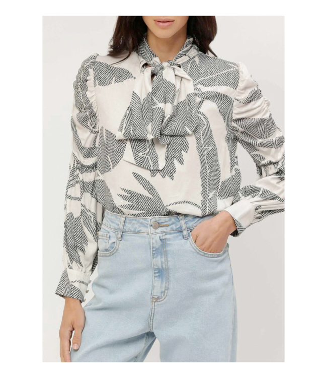 Lezalez V-Neck Tie LS Printed Blouse