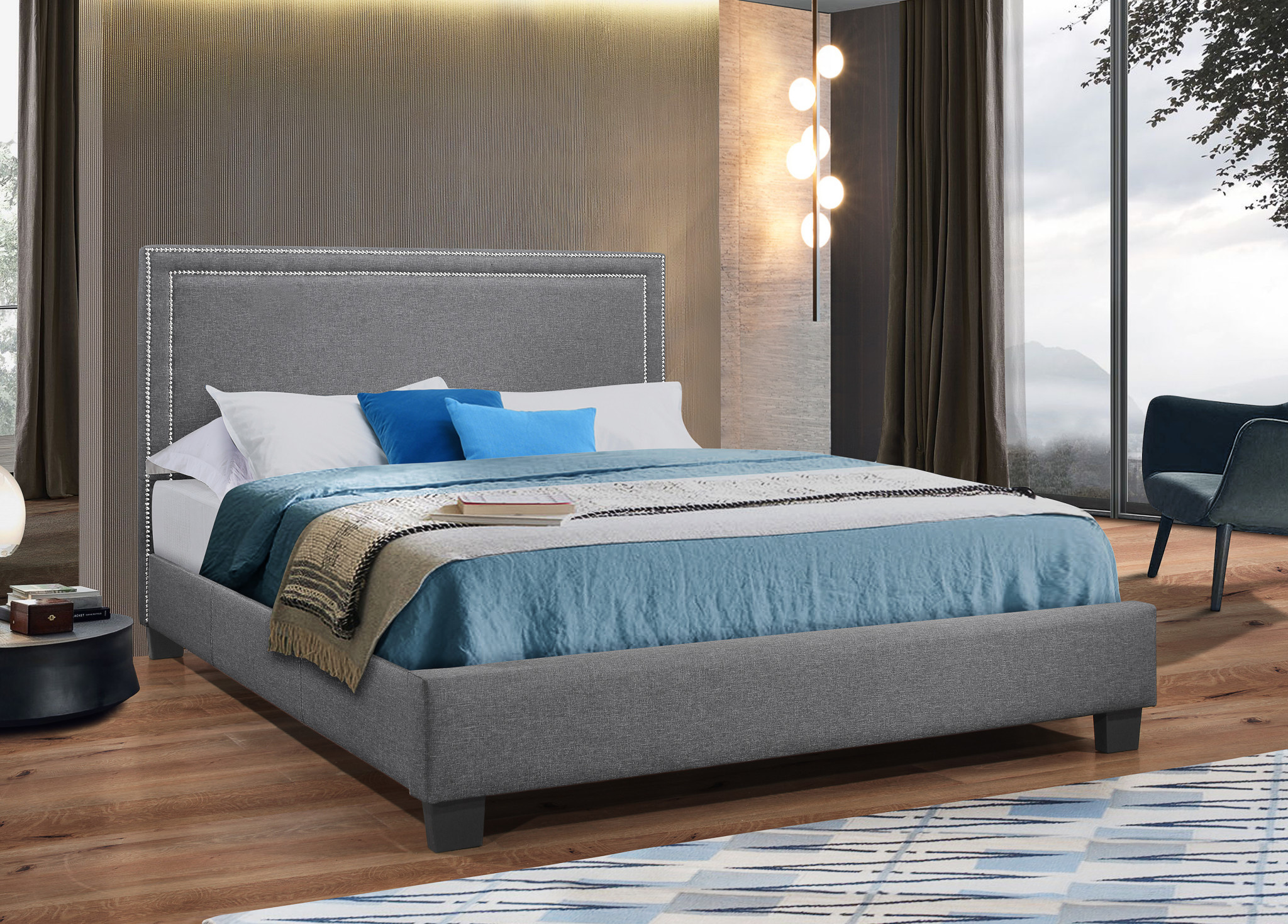 Grey Fabric Platform Bed with Nailhead Detail Dani's Furniture