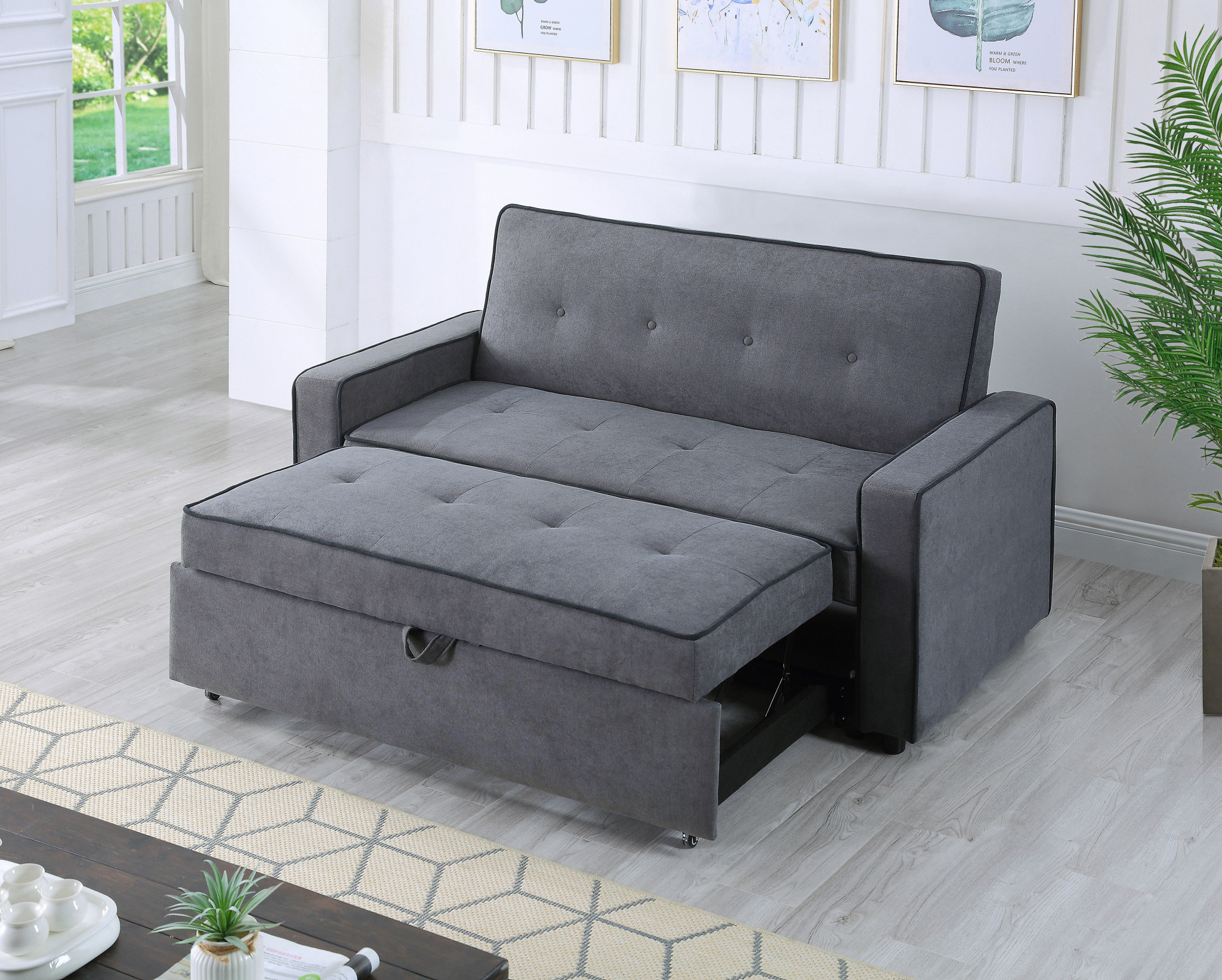 grey sofa bed with cup holder