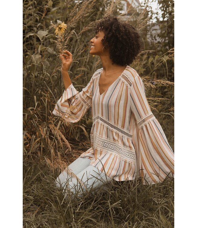 Promesa USA Multicolored striped v-neck blouse with bell sleeves