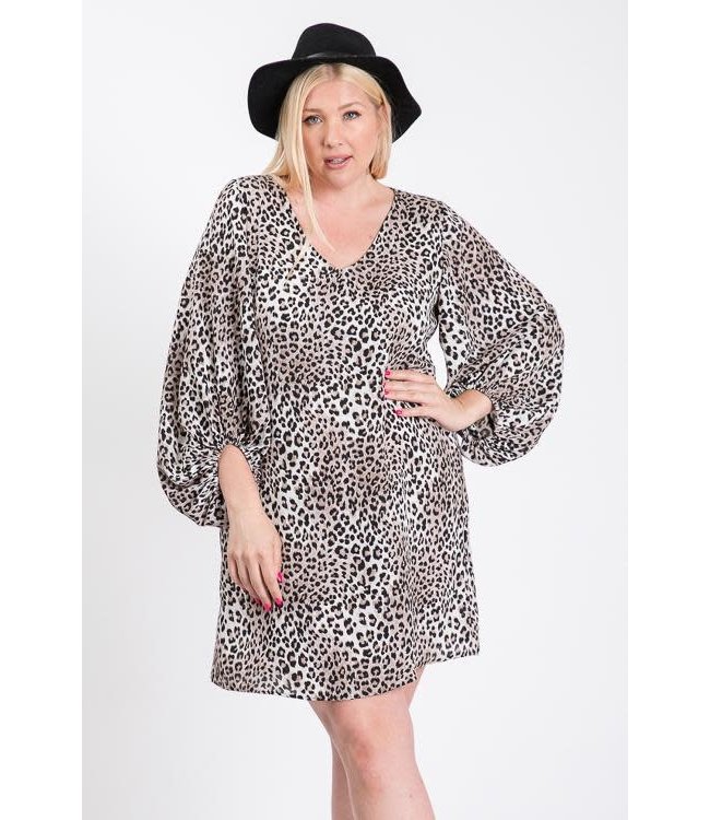 Plus size animal print balloon sleeve dress