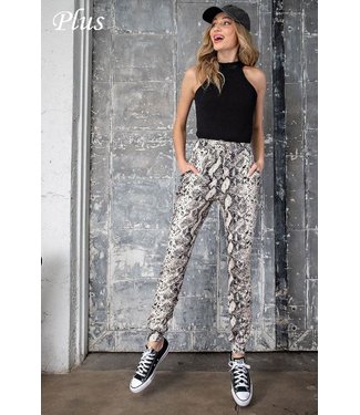 Grey casual high waisted trousers with tented cut from ecological leather  with snake print