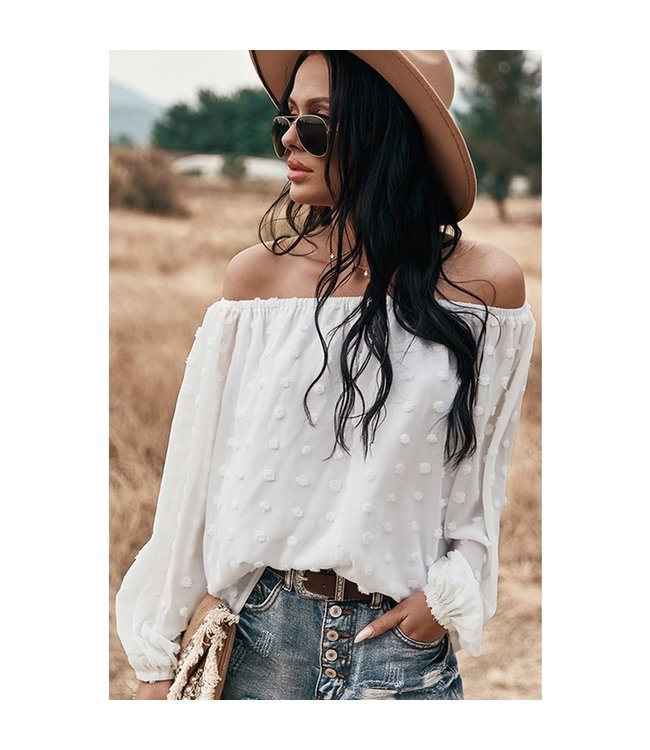 Dotted Off-the-Shoulder Long Sleeve Top