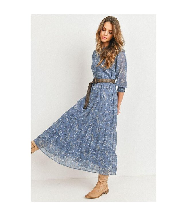 Paper Crane Floral Print Button Front Tier Skirt Dress with belt