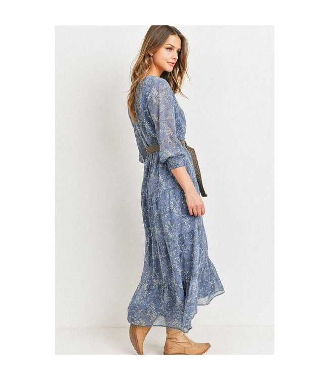 Paper Crane Floral Print Button Front Tier Skirt Dress with belt