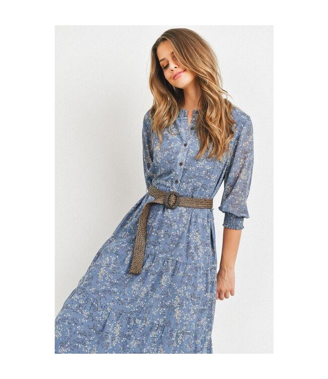 Paper Crane Floral Print Button Front Tier Skirt Dress with belt