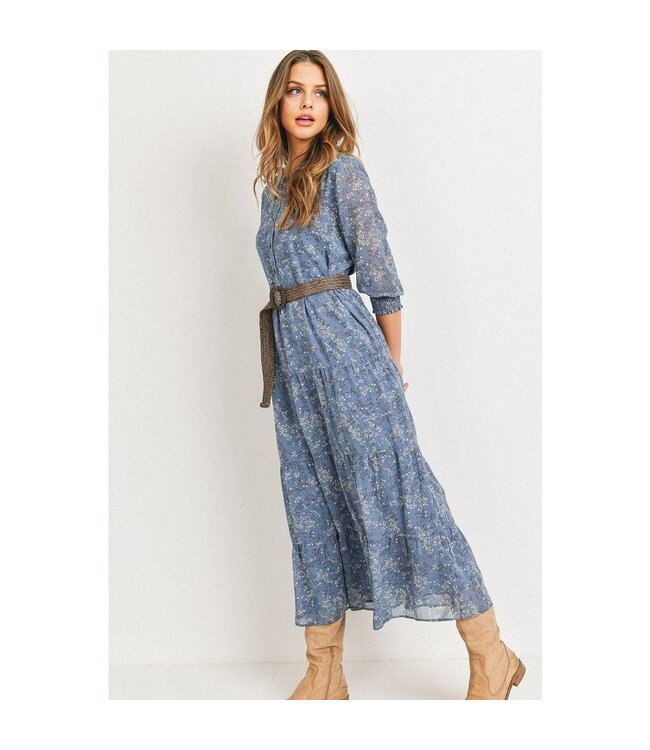 Paper Crane Floral Print Button Front Tier Skirt Dress with belt