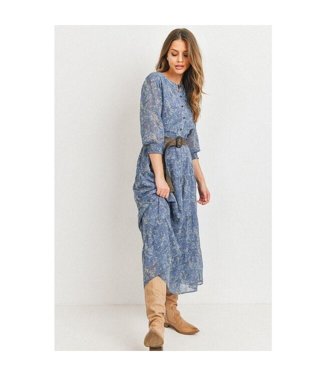 Paper Crane Floral Print Button Front Tier Skirt Dress with belt