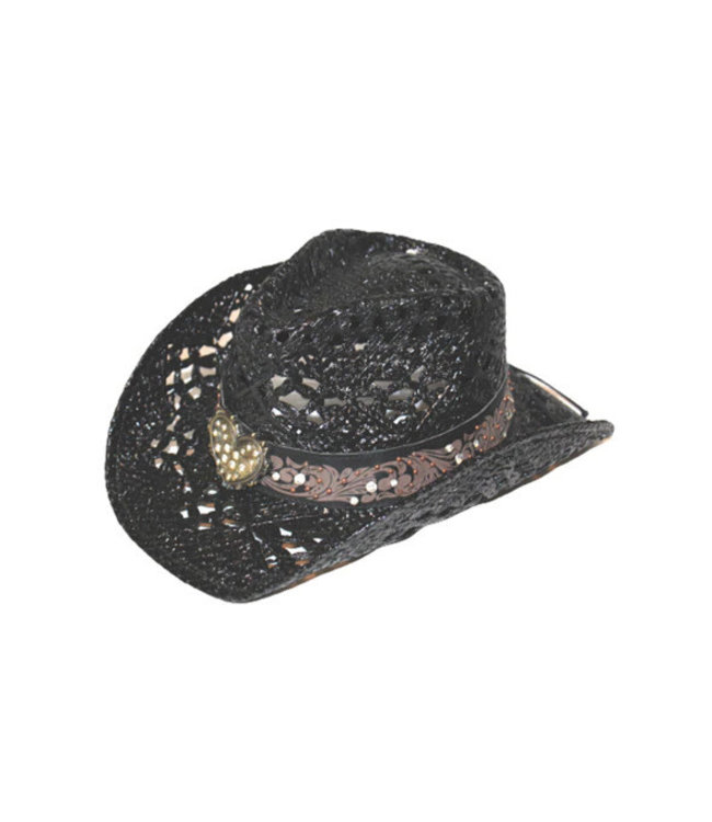 Yumi Faux Leather & Metal Heart Studded Trim Cowgirl Hat