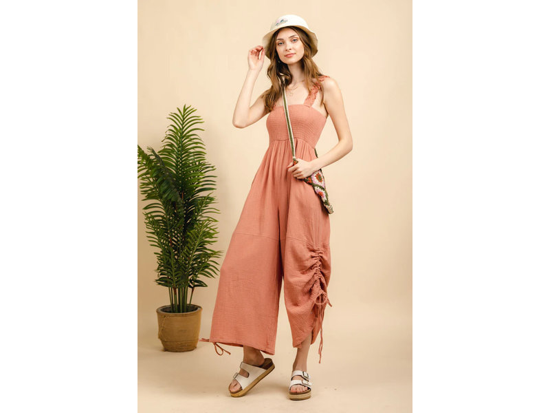 Very J Side ruched wide leg jumpsuit