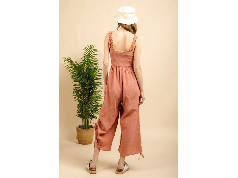 Very J Side ruched wide leg jumpsuit