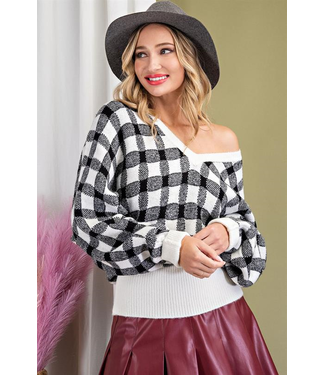 Plaid V-neck knit sweater