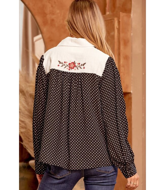 Polka dot top with embroidered detail