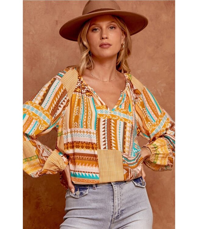 Printed top with split neckline