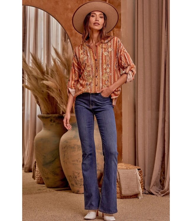 Printed embroidered shirt blouse with front buttons