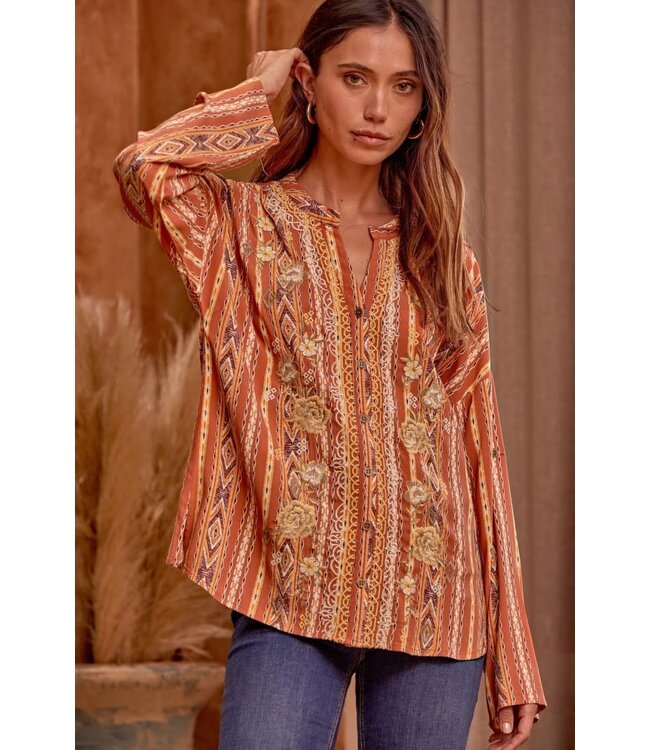 Printed embroidered shirt blouse with front buttons