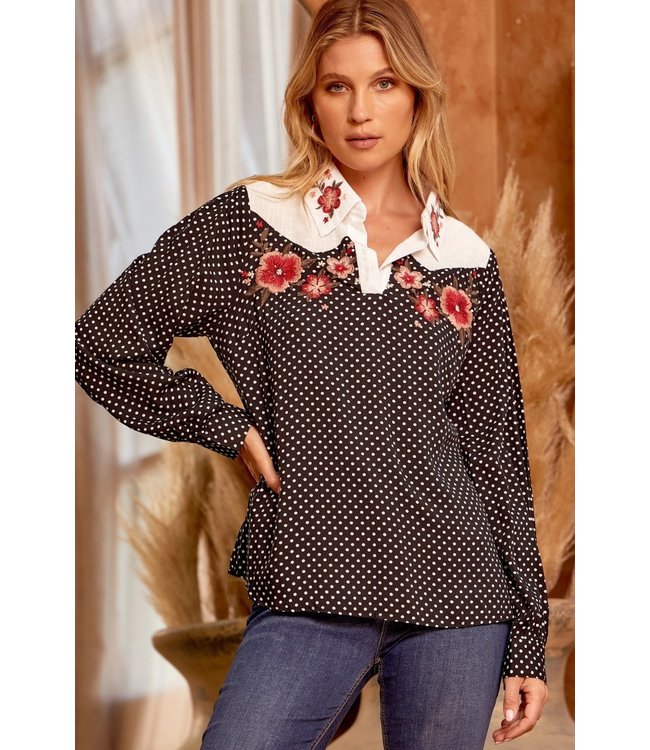Polka dot top with embroidered detail