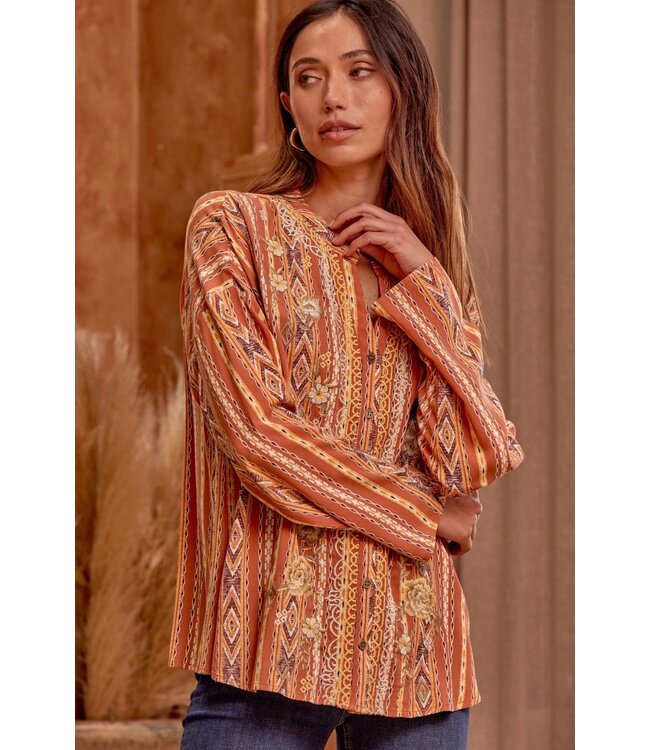 Printed embroidered shirt blouse with front buttons